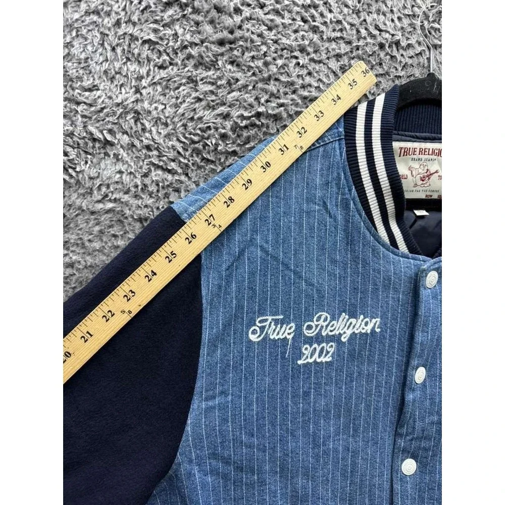 True Religion Jacket Varsity Pinstripe Full Snap Bomber Dress Blue Mens Size XXL